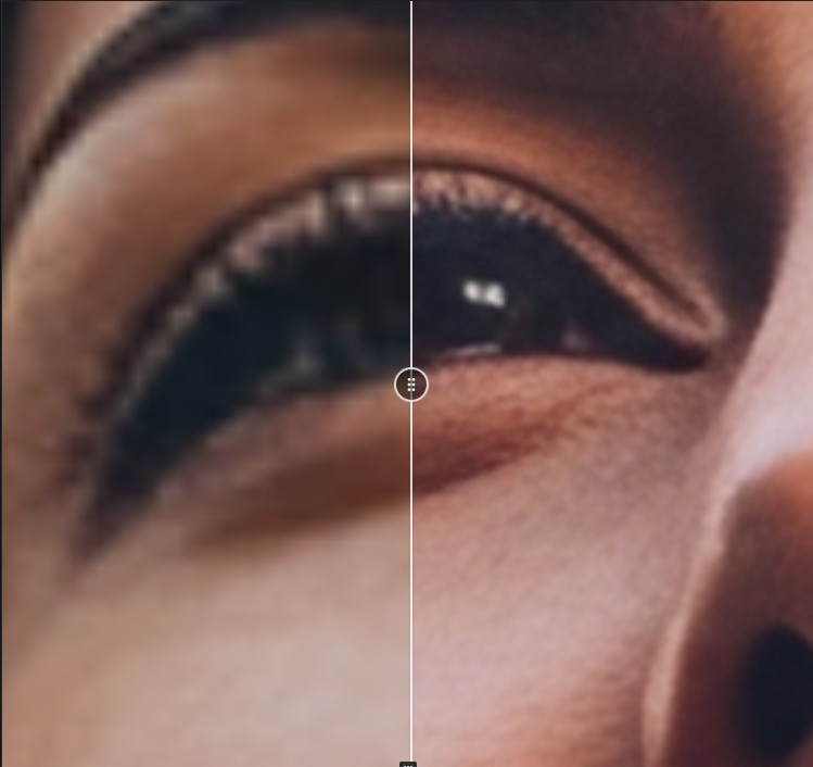 Close-up of an eye before and after AI upscale in SendStock AI